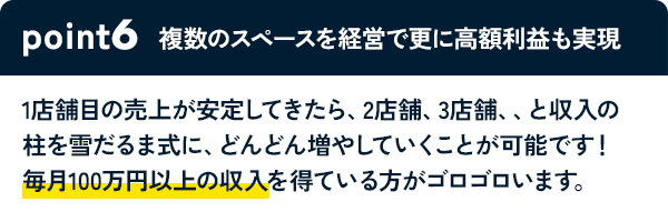 POINT6 複数のスペースを経営で更に高額利益も実現 1店舗目の売上が安定してきたら、2店舗、3店舗、、と収入の柱を雪だるま式に、どんどん増やしていくことが可能です！毎月100万円以上の収入を得ている方がゴロゴロいます。
