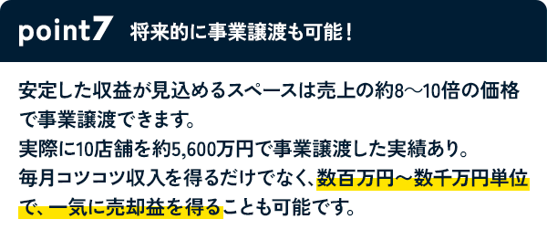 POINT7 将来的に事業譲渡も可能！ 安定した収益が見込めるスペースは売上の約8～10倍の価格で事業譲渡できます。実際に10店舗を約5,600万円で事業譲渡した実績あり。毎月コツコツ収入を得るだけでなく、数百万円〜数千万円単位で、一気に売却益を得ることも可能です。
